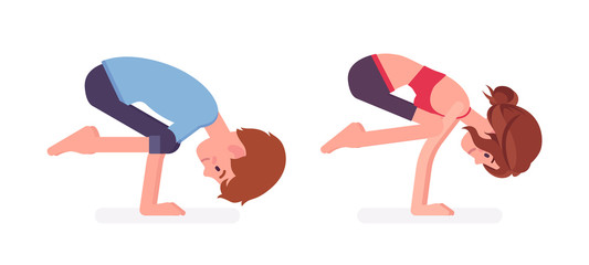 Young yogi man and woman in sports wear practicing yoga, partners doing Crane pose, Bakasana exercise, yogic practice for physical and mental health. Vector flat style cartoon illustration, side view