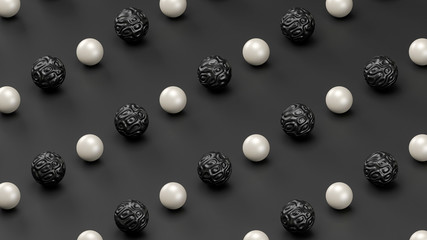 Black, white pearls, balls, dark background, minimalist pattern composition top view. Geometric shapes background, isometric decorative elements. Isometric shiny textured beads, minimal modern design.