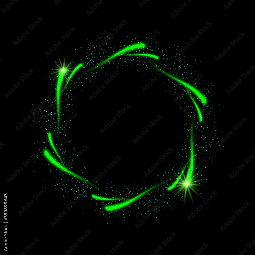 Poster green abstract neon round shape on black background. glowing futuristic bright green frame. simple e