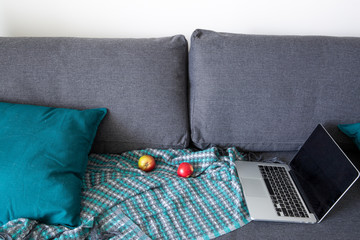 Cozy grey sofa and turquoise cushions. a plate with food, stay at home, home office concept.