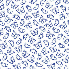 Seamless from the contours of blue butterflies on the white background. Butterflies silhouettes are great for creating gift paper, wedding greeting cards and textile