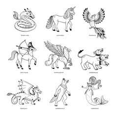 Magical creatures set. Mythological animals. Doodle style black and white vector illustration isolated on white background. Tattoo design or coloring page, Line Art.