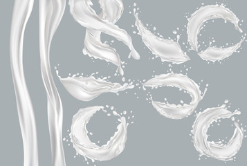 3D realistic splash of milk. Collection twisted fresh milk with drop. Cocktail milk. Yogurt, dessert. Set Illustration.