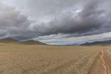 The road in the desert. Central Asia between the Russian Altai and Mongolia