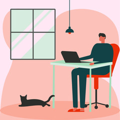 man Working at Home Office with cat. Flat Vector Illustration. Stay at home. concept
