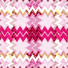 Colorful abstract background, horizontal and vertical zigzag. Stripes of white, light and bright pink, gold colors. Fashionable and glamorous decoration of any of your bold advertising projects.