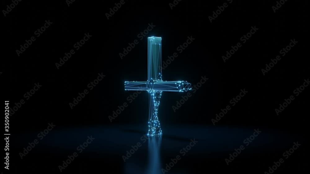 Poster 3d rendering seamless loop 4k rotation wireframe neon glowing thin plus symbol with shining dots on 