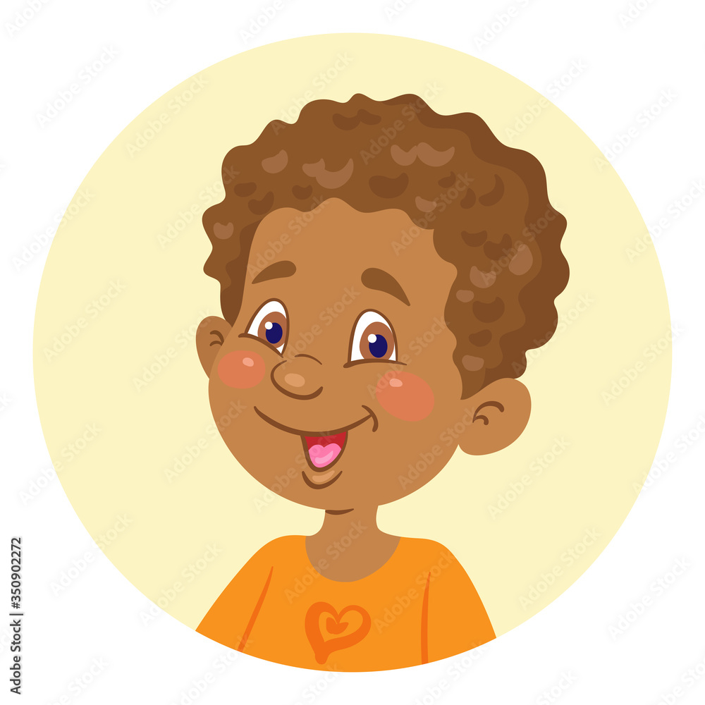 Sticker Portrait of a cute african american little boy. Avatar icon in the circle. In cartoon style. Isolated on white background. Vector  flat illustration.