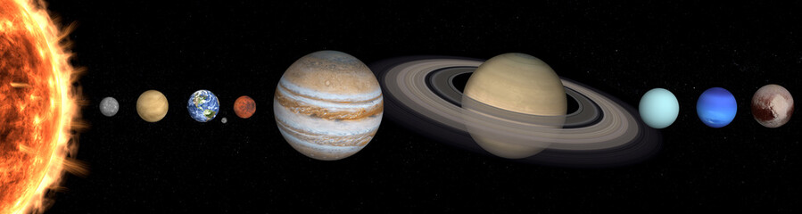 Solar system planets in outer space. Mercury, Venus, Earth with Moon, Mars, Jupiter, Saturn, Uranus, Neptune, Pluto. Planetary system concept. Elements of this image were furnished by NASA. © ALEXANDR YURTCHENKO