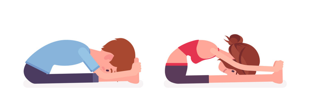 Young yogi man, woman in sports wear practicing yoga, partners doing paschimottanasana pose, Seated forward bend exercise, stress-free yogic practice. Vector flat style cartoon illustration, side view
