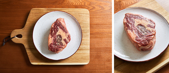 top view of fresh raw steak on plate on cutting board on wooden table