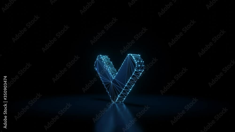 Poster 3d rendering seamless loop 4k rotation wireframe neon glowing symbol of angle arrow down with shinin