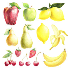 Fruit and berries set hand drawn in colored pencils. Food illustration. Juicy cliparts with apple, pear, lemon, banana, cherry, strawberry.