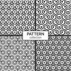 Set of four seamless hexagons patterns. Modern stylish textures. Small hexagons connected with lines. Repeating geometric tiles with triple elements. Vector monochrome backgrounds.