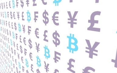 Bitcoin and currency on a white background. Digital crypto currency symbol. Business concept. Market Display. 3D illustration