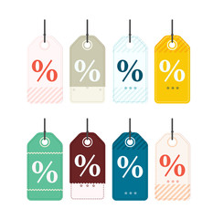 Obraz na płótnie Canvas Paper Tags with Ropes Set with Percent Sign Isolated on White Background - Vector