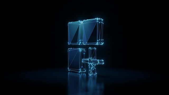 3d rendering seamless loop 4k rotation wireframe neon glowing symbol of mobile application with shining dots on black background with blured reflection on floor