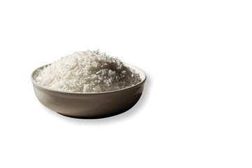 Fresh grated raw coconut tropical fruit placing in white bow with clipping path isolated dropped shadow white background 