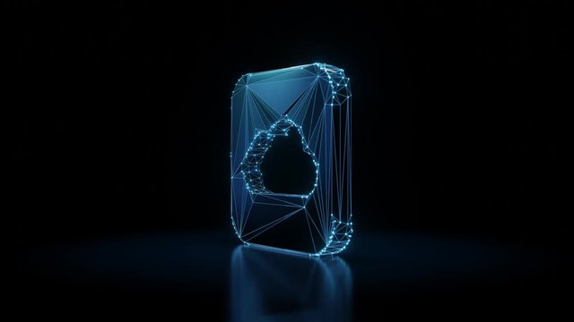 3d rendering seamless loop 4k rotation wireframe neon glowing icon of iCloud drive app on iOS style with shining dots on black background with blured reflection on floor
