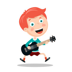 Red Haired Kid Playing Ukulele. Young Boy Guitar Player Vector Illustration.