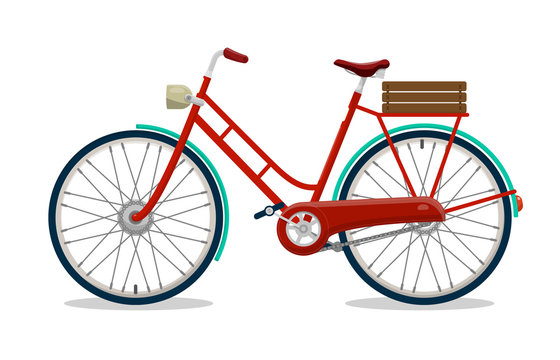 Retro Red Bicycle with Wooden Basket Vector Icon Isolated