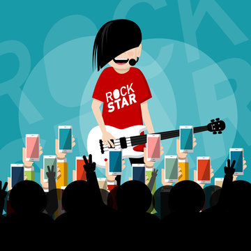 Rock Star on Stage. Singing Bass Guitar Player with Audience Silhouette - Raised Hands Holding Mobile Phones Taking Pictures of Artist. Vector Cartoon.