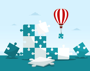 Puzzle - Jigsaw Pieces with Hot Air Balloon Vector Illustration