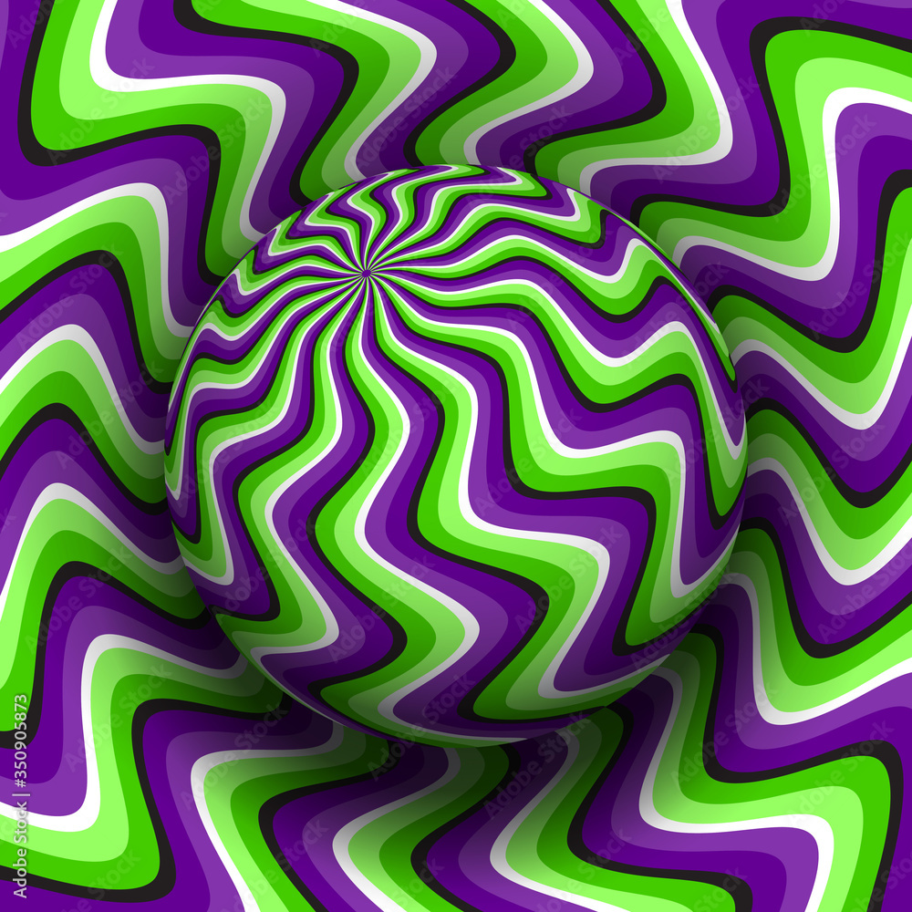 Wall mural Optical illusion hypnotic vector illustration of rotating curved stripes pattern. Patterned purple green globe soaring above the same surface.