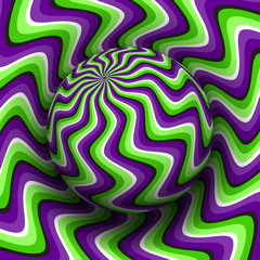 Optical illusion hypnotic vector illustration of rotating curved stripes pattern. Patterned purple green globe soaring above the same surface.