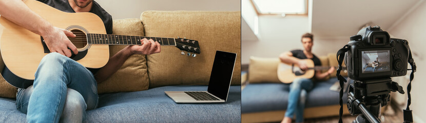 collage of young video blogger playing guitar while sitting on sofa near laptop with blank screen...