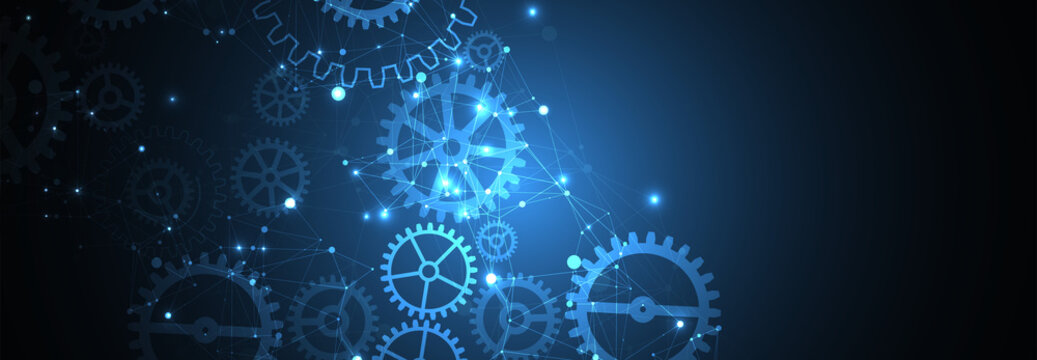 Abstract blue technological background. Structure square pattern with cogwheels and plexus effect. Vector