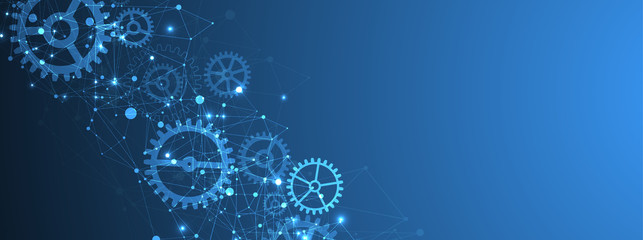 Abstract blue technological background. Structure square pattern with cogwheels and plexus effect. Vector