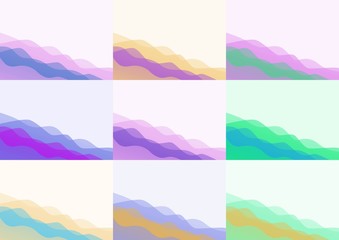 waves in cold dreamy colors set of backgrounds, presentation template, abstract design in orange, blue, violet and pink tones vector illustration