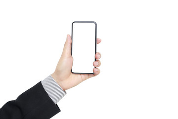 Woman hand holding and showing blank smartphone screen on isolated white background with clipping path display concept. Hand of business man hold smartphone take pictures the landscape horizontal