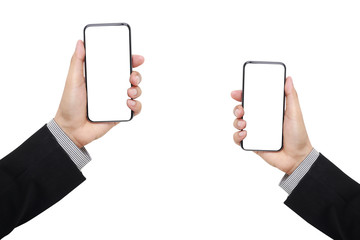 Woman hand holding and showing blank smartphone screen on isolated white background with clipping path display concept. Hand of business man hold smartphone take pictures the landscape horizontal