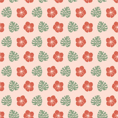 Hibiscus Hawaiian floral and cheese plant leaf, tropical summer. Vector repeat. Great for home decor, wrapping, scrapbooking, wallpaper, gift, kids, apparel.