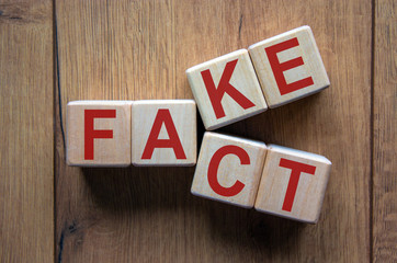 Business and design concept - surreal abstract geometric wooden cubes with words 'FACT FAKE'...