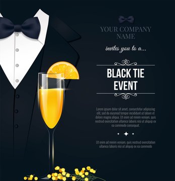 Black Tie Event Invitation. Elegant black poster with businessman suit, tie and mimosa cocktail glass. Vector illustration