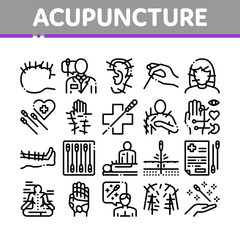 Acupuncture Therapy Collection Icons Set Vector. Human Head And Hand, Ear, Face And Body Acupuncture, Doctor And Patient, Needles Tool Concept Linear Pictograms. Monochrome Contour Illustrations