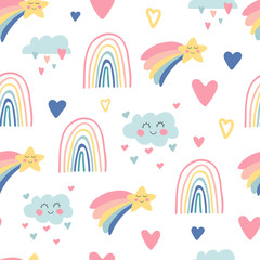 Kids nursery. Cute hand drawn seamless pattern with rainbows, smiling clouds and stars. Doodle design for wallpaper, fabric, wrapping, apparel. Baby shower. Sky background. Vector illustration