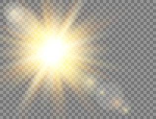 Sun light. Golden glowing light effect on transparent background. Sunshine with rays. Sunlight lens flash. Magic banner. Summer sunny backdrop. Vector illustration