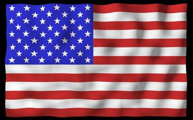 Fototapeta premium Waving flag of the United States of America on a dark background. Stars and Stripes. State symbol of the USA. 3D illustration