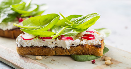 Vegan sandwich with tofu, spinach, radish,   and green dressing on the board.