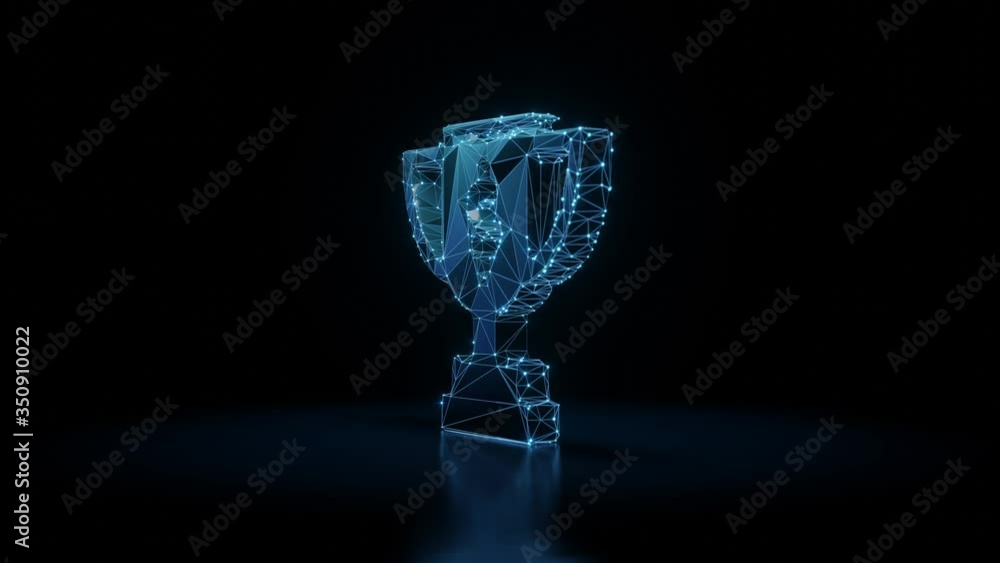 Poster 3d rendering seamless loop 4k rotation wireframe neon glowing symbol of award cup with dollar sign w