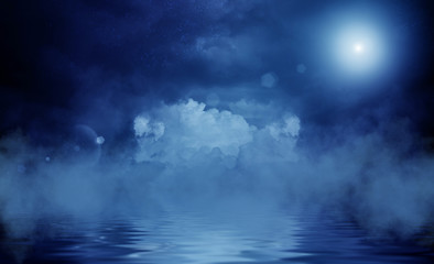 Fototapeta na wymiar Reflection of the full moon on the water. Dark dramatic background. Moonlight, smoke and fog