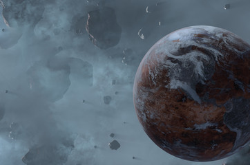 Lifeless Earth planet in space asteroid field with dust. Science fiction 3d render illustration. Elements of this image were furnished by NASA.