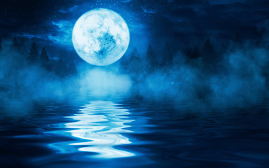 Reflection of the full moon on the water. Dark dramatic background. Moonlight, smoke and fog