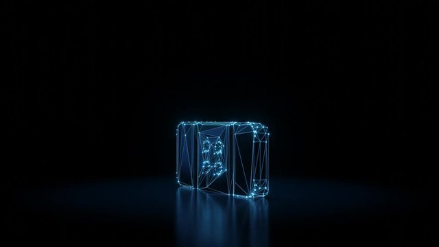3d rendering seamless loop 4k rotation wireframe neon glowing symbol of band aid with four holes with shining dots on black background with blured reflection on floor