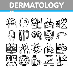 Dermatology Skin Care Collection Icons Set Vector. Dermatology Rash On Hands And Head, Lips And Leg, Body Protection Cosmetic Cream Concept Linear Pictograms. Monochrome Contour Illustrations