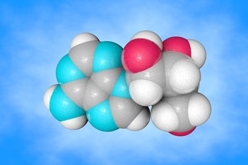 Space-filling molecular model of adenosine. Atoms are represented as spheres with conventional color coding: carbon (grey), oxygen (red), nitrogen (light blue), hydrogen (white). 3d illustration